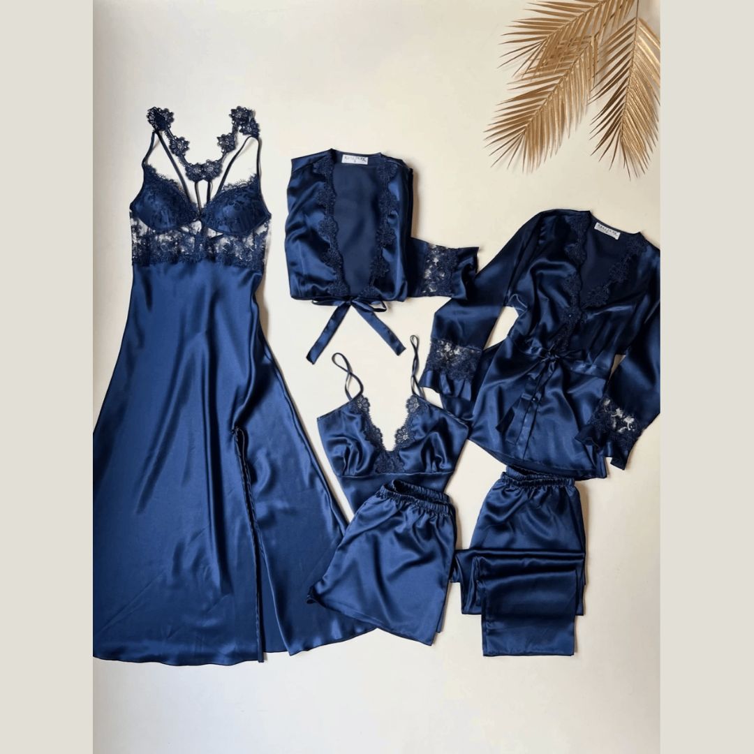 6-Piece Long Slit Silk Nighty Set In Blue – Luxurious Nightwear For Women