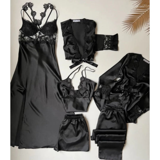 6-Piece Long Slit Silk Nighty Set In Black – Luxurious Nightwear For Women