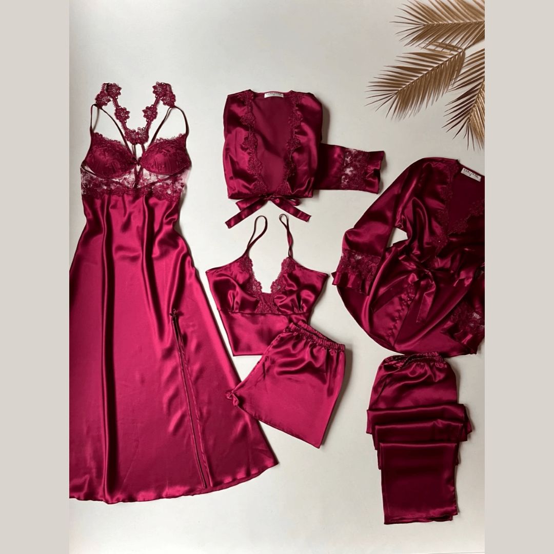 6-Piece Long Slit Silk Nighty Set In Maroon – Luxurious Nightwear For Women