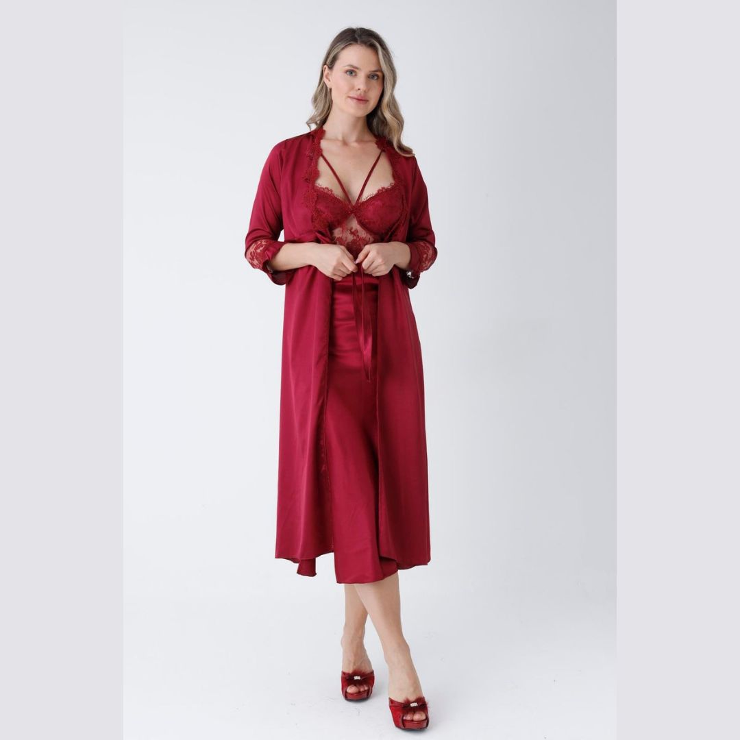 6-Piece Long Slit Silk Nighty Set In Maroon – Luxurious Nightwear For Women