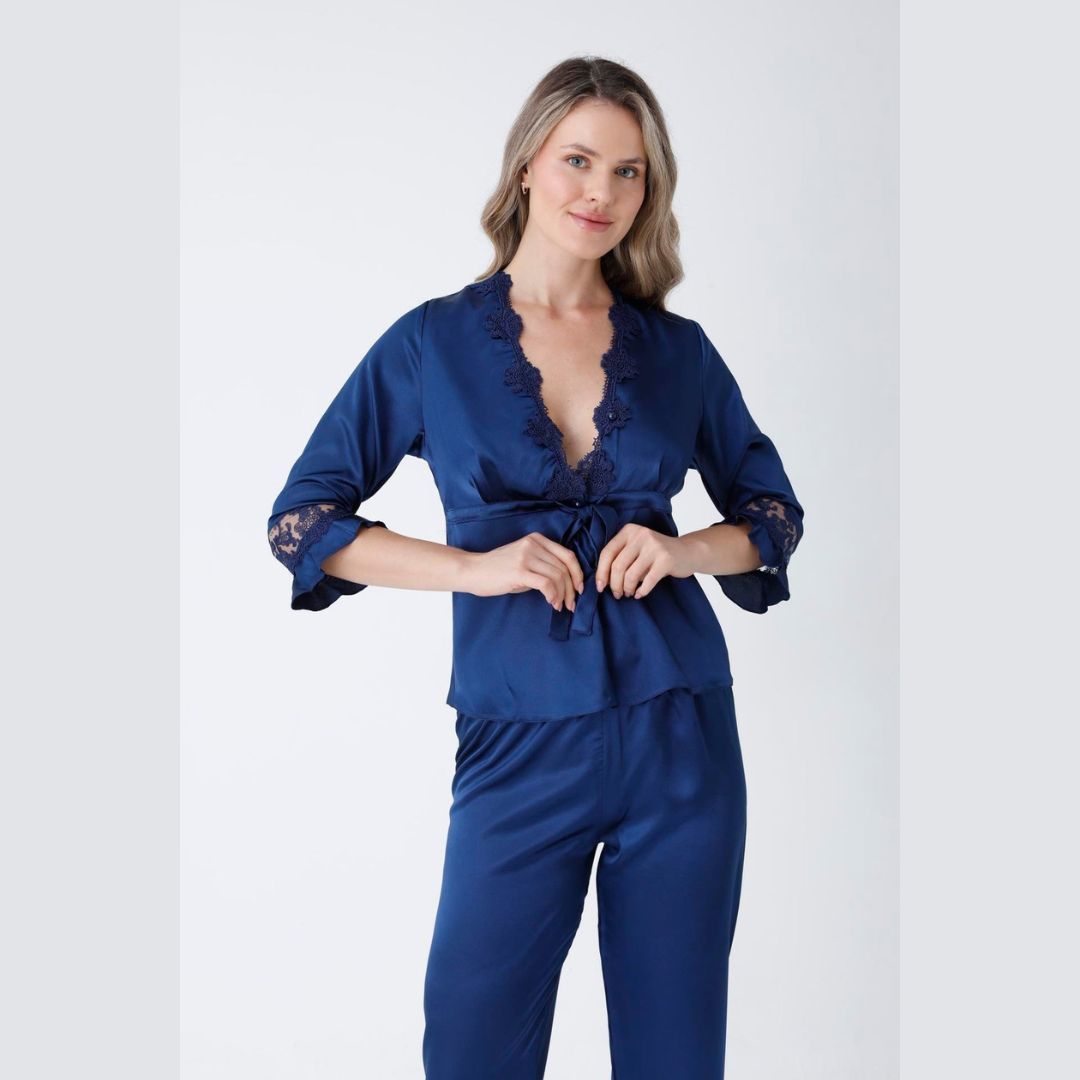 6-Piece Long Slit Silk Nighty Set In Blue – Luxurious Nightwear For Women