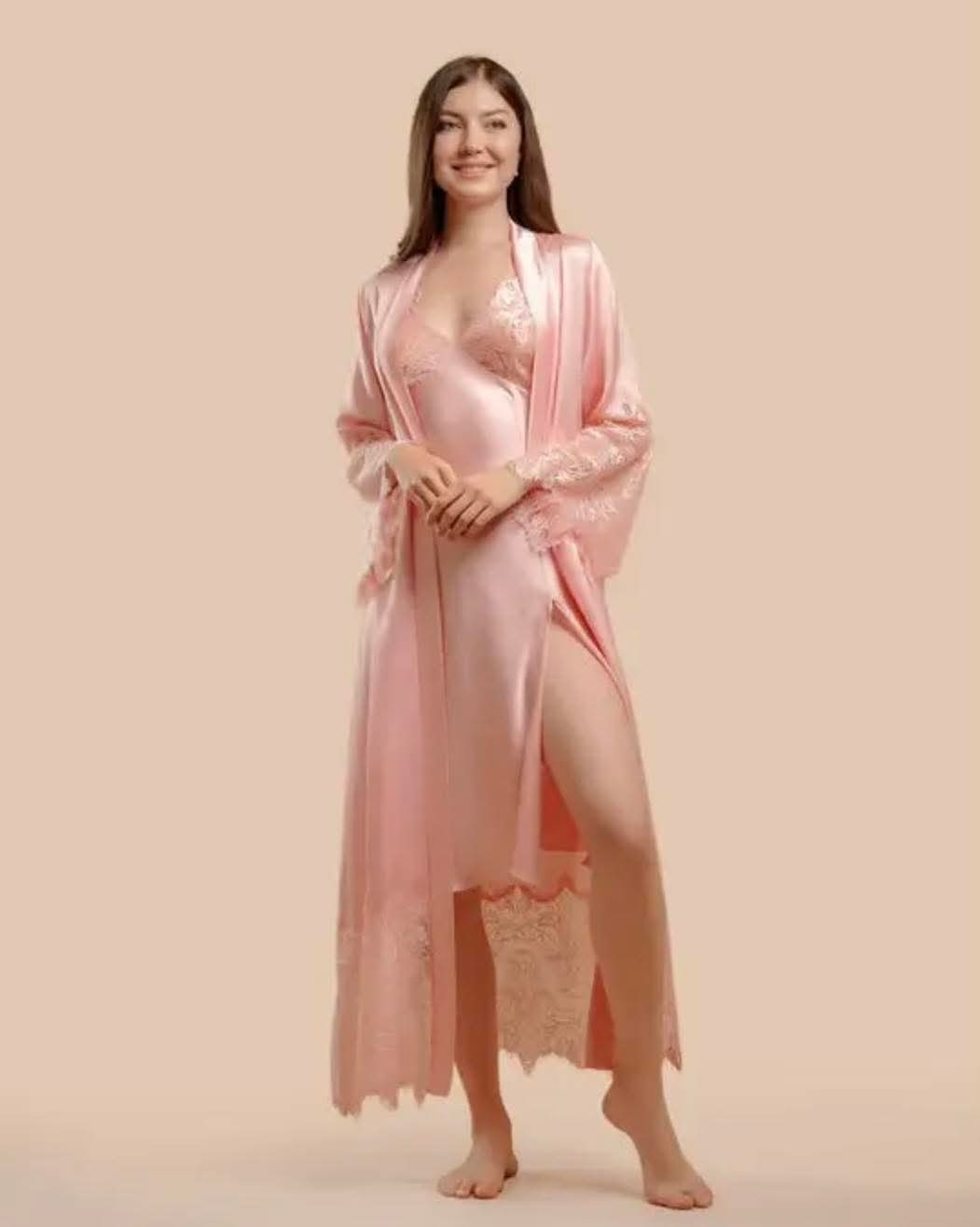 Elegant 2-Piece Silk Nightwear Set With Lace Detailing – Luxurious Midi Nightdress & Matching Robe