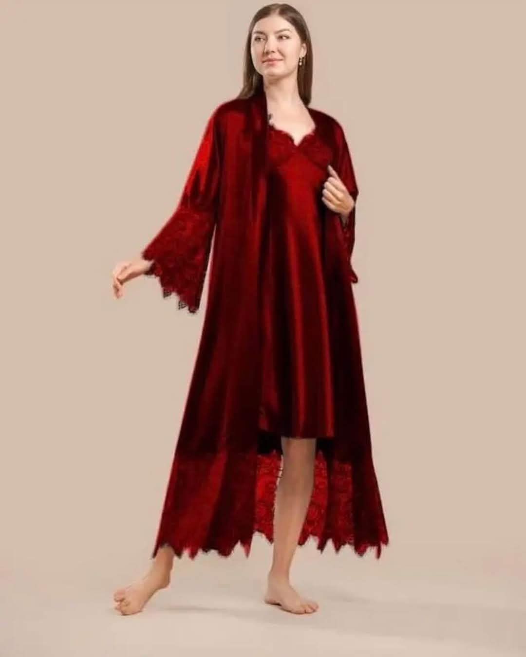 Elegant 2-Piece Silk Nightwear Set With Lace Detailing – Luxurious Midi Nightdress & Matching Robe