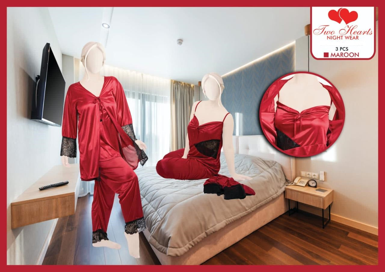 Nighty Red Silk 3Pc set For Women